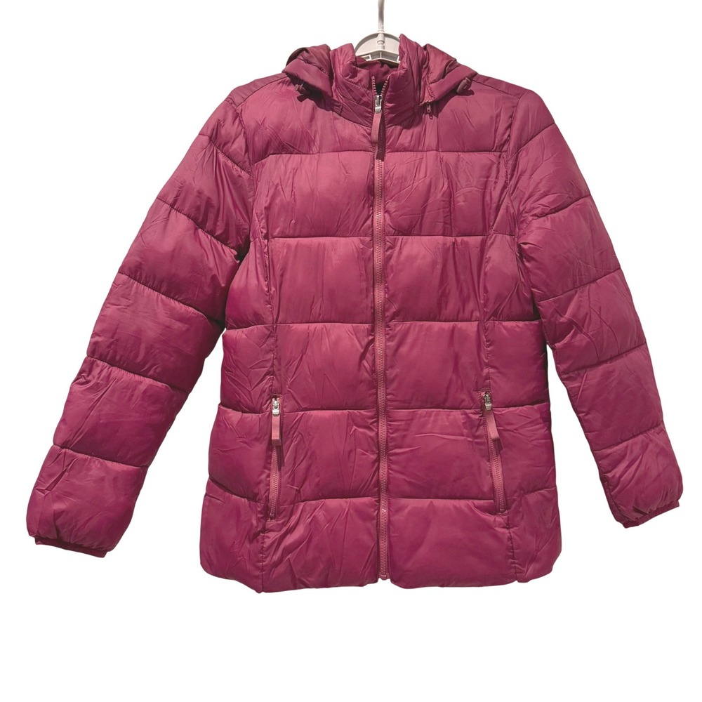 St Johns Bay Womens Puffer Jacket Hooded Full Zip Lightweight Burgundy Size L